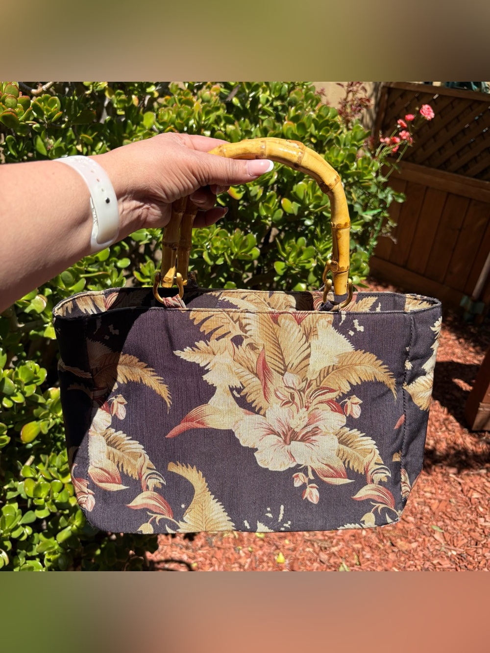 Vintage Tropical Floral Bamboo Handle Tote Bag